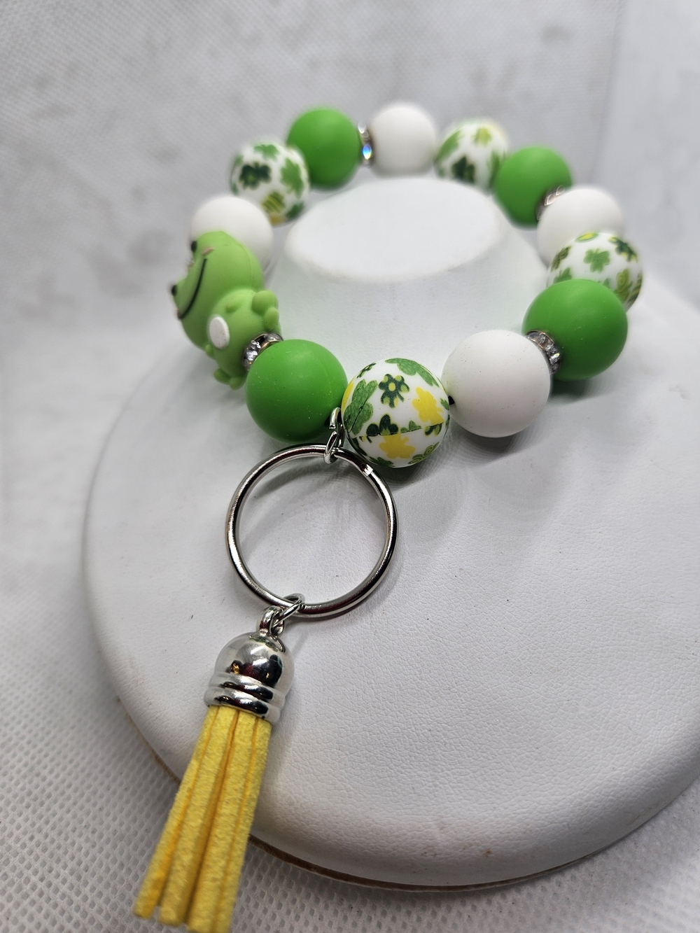 Beaded Green & White Key Ring with Yellow Tassel